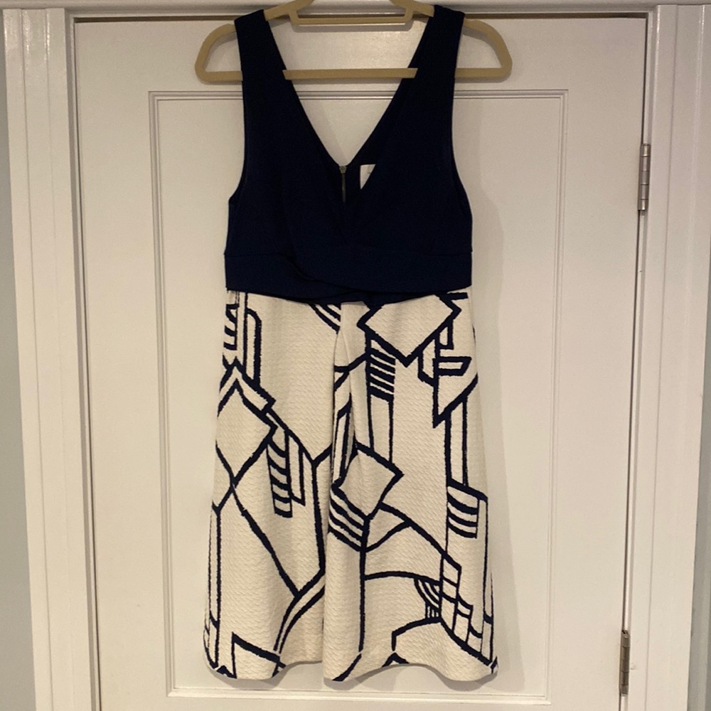 HD in Paris from Anthropologie navy and cream dress